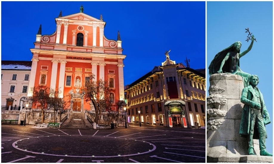 Composición de la Plaza Prešeren en Ljubljana. A la izquierda, la vibrante fachada salmón de la Iglesia Franciscana iluminada durante el anochecer invernal. A la derecha, la estatua de bronce del poeta France Prešeren bajo luz diurna.