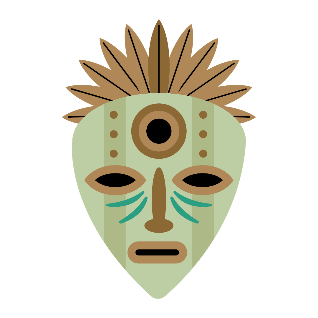 Ilustración de una máscara tribal en tonos verde y tierra, utilizada como ícono para representar las actividades recreativas y de inmersión local en la agencia Outroute Travel.