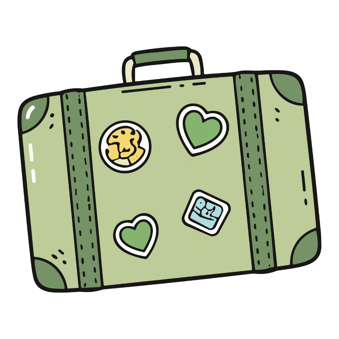 Ilustración de una maleta de viaje verde con calcomanías, utilizada como ícono para representar la categoría de viajes en la agencia Outroute Travel.
